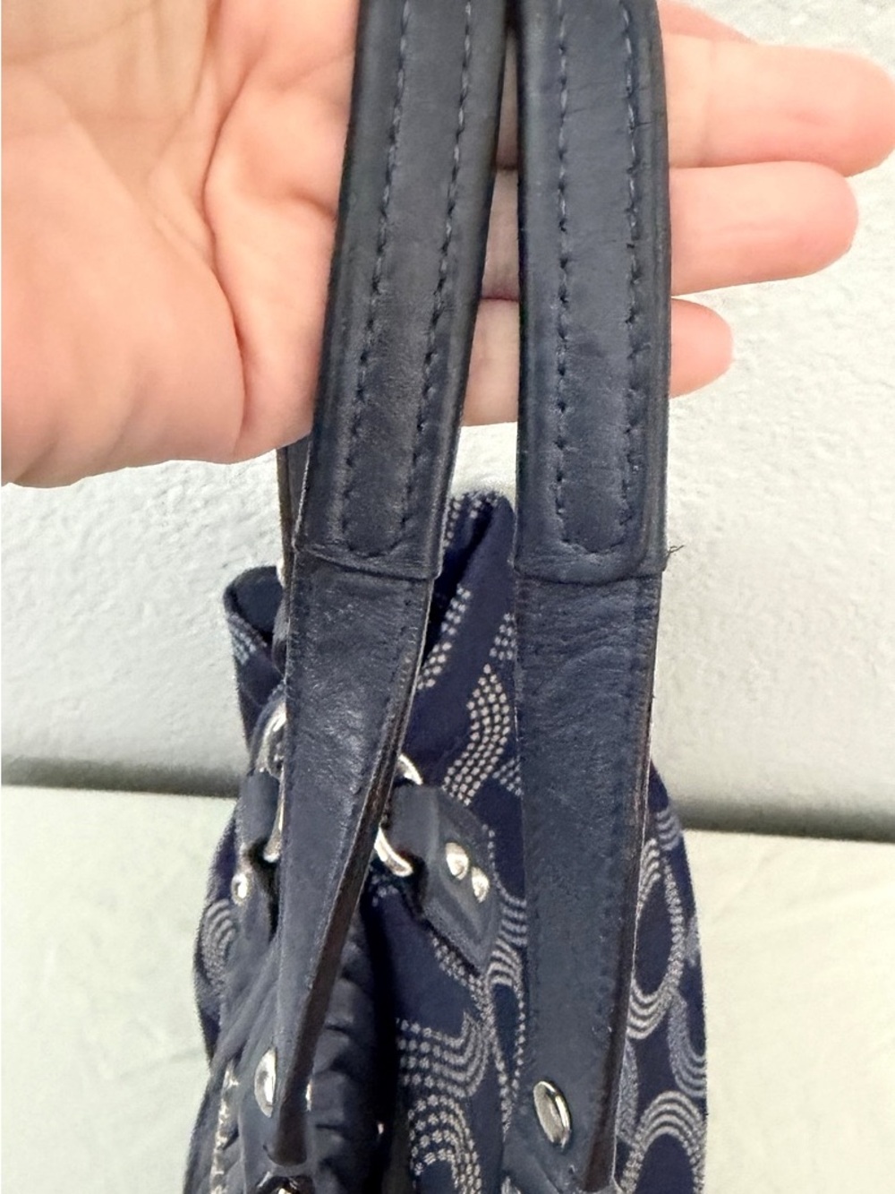 Coach Navy Quilted Signature Circle Tote with Silver Hardware - Picture 7 of 9